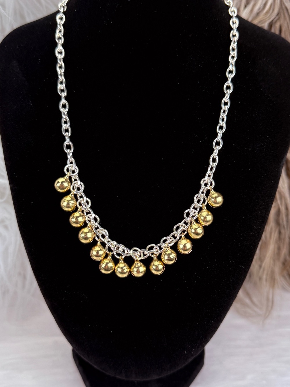 Two Tone Silver Gold Ball Charm Necklace Fringe Bib Statement Jewelry